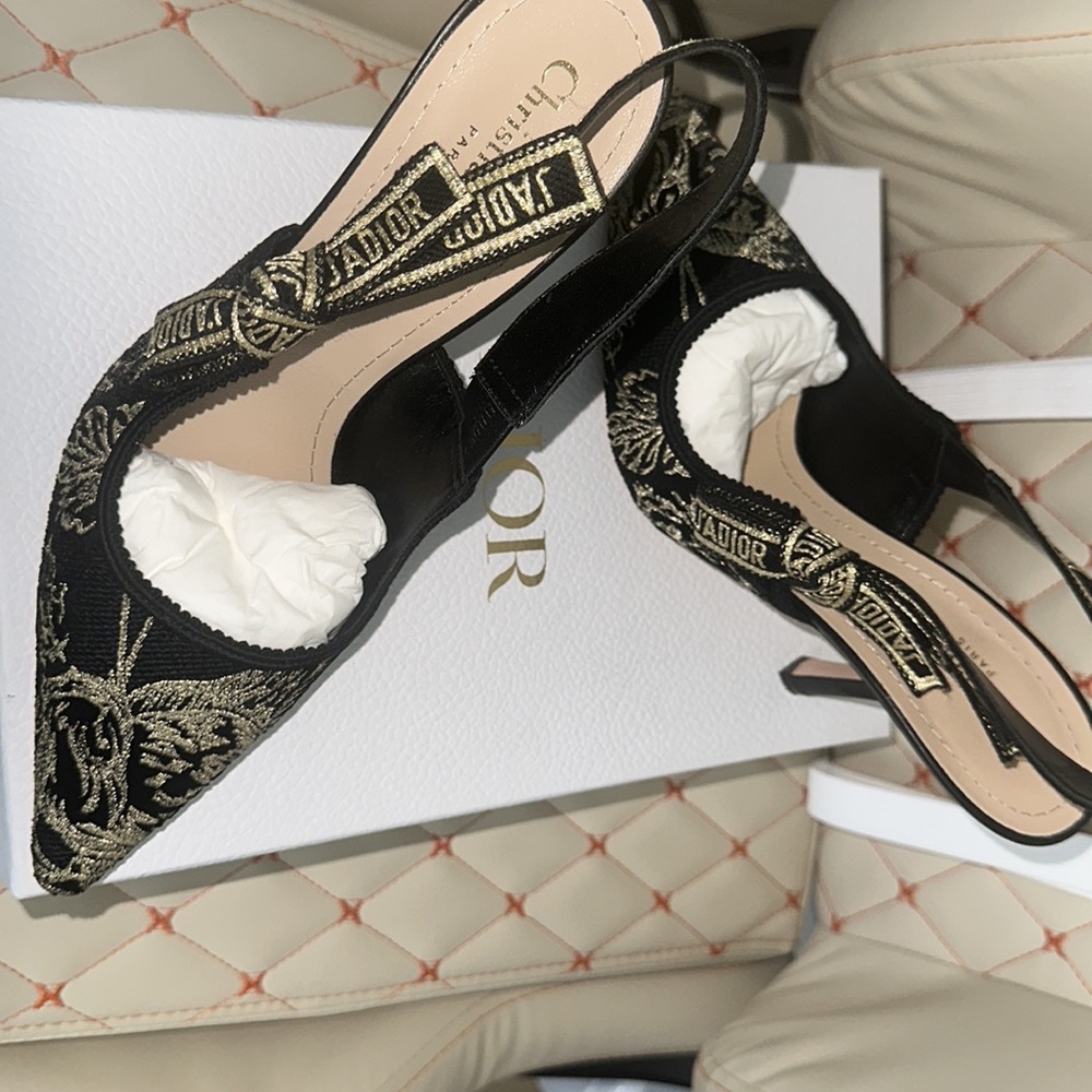 Lurex Ribbon Embroidered J'Adior Slingback 100mm Pumps 37 Black Gold - Picture 3 of 8